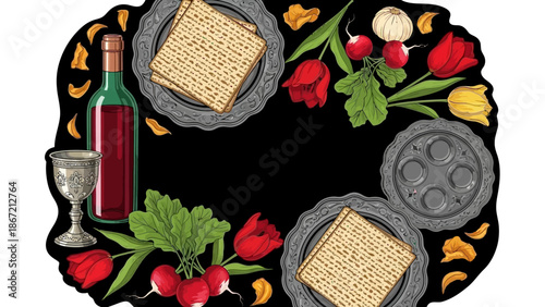 Passover Seder Plate with Matzah Wine and Ritual Items.