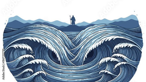 Man standing on a small island as waves part around him.