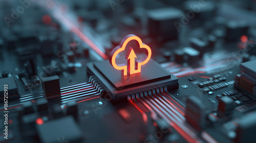 Cloud Computing and Data Storage Technology Concept with Secure Digital Network, Server Infrastructure and Cloud Upload Symbol