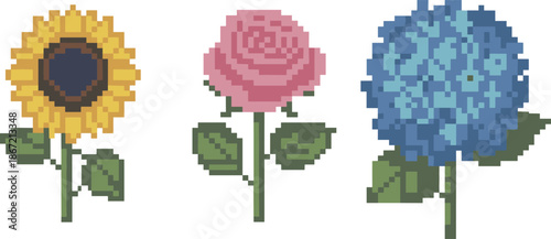 Pixel art flower set, sunflower rose hydrangea illustration, colorful floral icons, nature garden design isolated white background