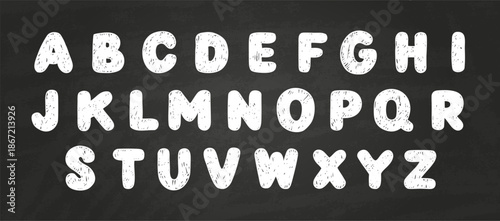 A set of English alphabet letters, handwritten in white chalk on a black isolated background.
