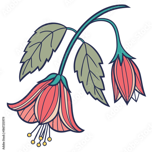 Cartoon Abutilon Flowers with Hanging Petals and Veined Leaves