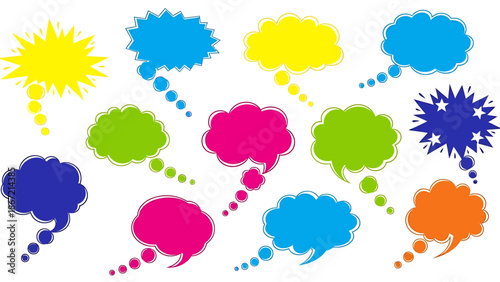 Collection of colorful speech bubbles and thought clouds with varied shapes and designs, perfect for communication and expression