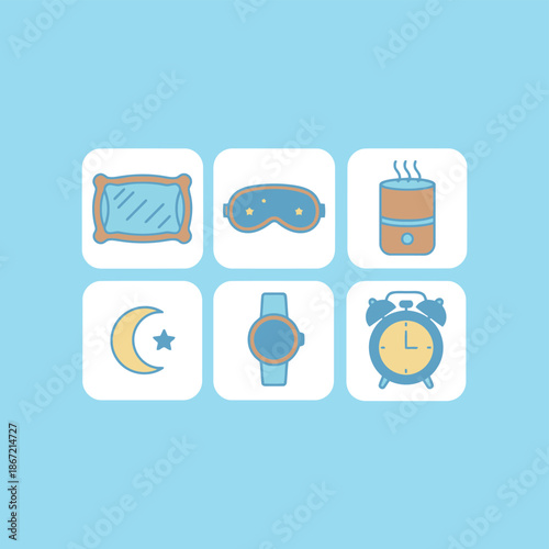 Sleep health and bedtime routine icons featuring pillow eye mask humidifier moon and stars smart watch tracker and alarm clock for wellness and relaxation