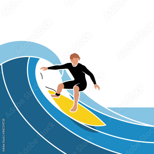 Male surfer in a black wetsuit riding a large blue wave on a yellow surfboard.