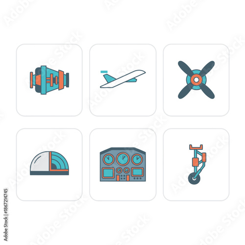 Aviation technology and aircraft engineering icons set with jet turbine airplane propeller radar instrument panel and landing gear for aerospace industry design