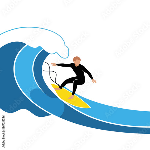 Male surfer in a black wetsuit riding a large, stylized blue wave on a yellow surfboard.