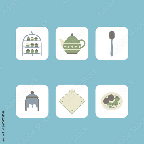 Afternoon tea and dessert service set featuring cupcake stand teapot spoon sugar jar napkin and macaron plate icons for catering and cafe lifestyle