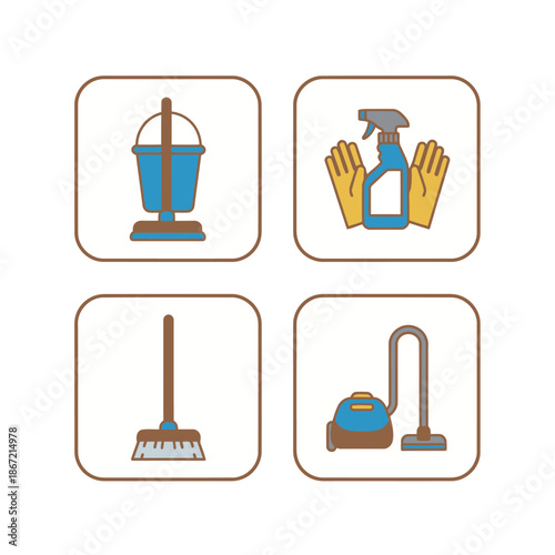 Household cleaning service equipment icons set featuring bucket with mop spray bottle and gloves broom and vacuum cleaner for sanitary maintenance