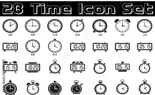 Vector set of clocks featuring business icons and web design elements like buttons and arrows for computer and internet media applications