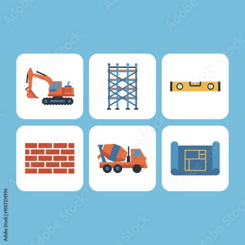 Heavy construction and engineering machinery set icons with hydraulic excavator, metal scaffolding, spirit level tool, red brick wall, cement mixer truck and technical blueprint for architecture