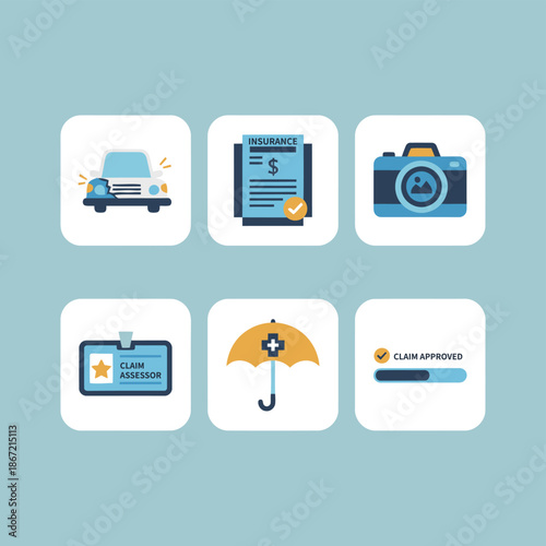 Professional car insurance and vehicle claim process icons with damaged car, policy document, digital camera, claim assessor ID card, protective umbrella and approved claim status progress bar