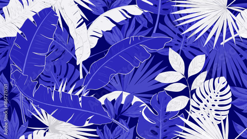 Vibrant Blue and White Tropical Leaf Pattern Vector Illustration - Exotic Botanical Design