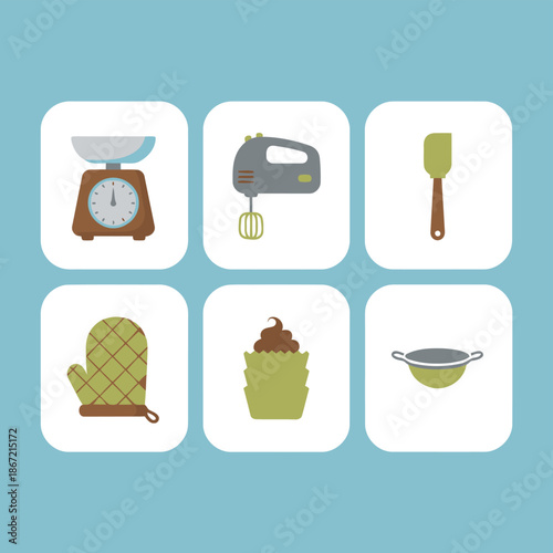 Baking and kitchen cooking tool set icons with mechanical kitchen scale, electric hand mixer, silicone spatula, quilted oven mitt, chocolate cupcake and a stainless steel mixing bowl