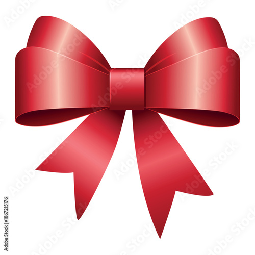 Beautiful red bow with diagonally ribbon with shadow, isolated on transparent background.