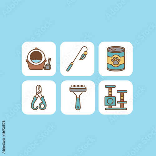 Feline care and cat supplies set featuring an indoor litter box, feather teaser toy, canned pet food, claw clippers, grooming comb and a multi-level scratching post tree