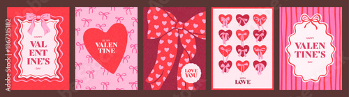 Hand drawn illustrations set of Happy Valentines Day. Vintage creative concept with gift bows, hearts, texture. Trendy modern design for card, cover, templates for celebration, invitation, banner