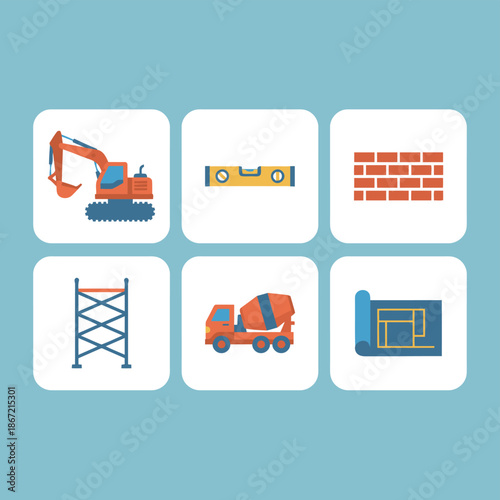 Civil engineering and building construction site equipment set with crawler excavator, spirit level, brick wall, steel scaffolding, cement truck and technical architectural blueprint