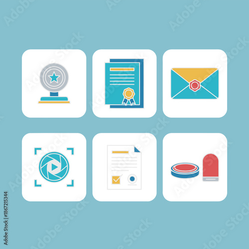 Business award trophy and official document verification icons set with mail envelope camera lens shutter and wax seal stamp in flat vector style