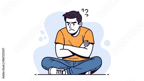 Frustrated Young Man Sitting with Crossed Arms Illustration - Depicting Stress, Anger, Confusion, or Problems in a Modern Flat Vector Style