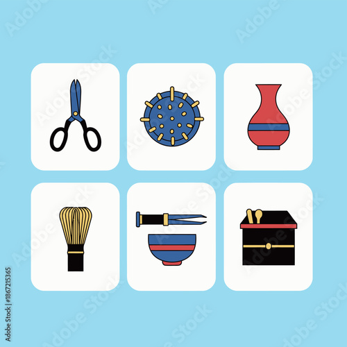 Japanese traditional tea ceremony and pottery craft icons set including matcha whisk ceramic vase bowl and bamboo tools for cultural hobby