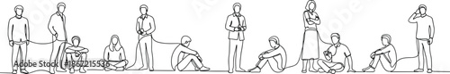 Minimalist continuous line drawing of diverse people in various seated and standing poses showing unity