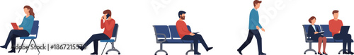 People waiting in modern public area engaged in digital activities like working, calling, walking, and note-taking
