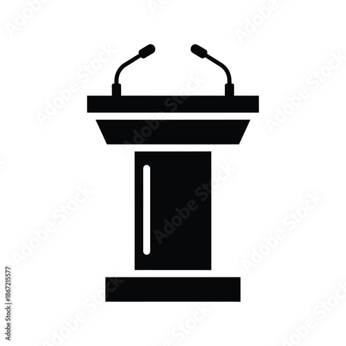 Vector illustration icon a black silhouette of a lectern with two microphones on top, commonly used for public speaking events and conferences in a simple design