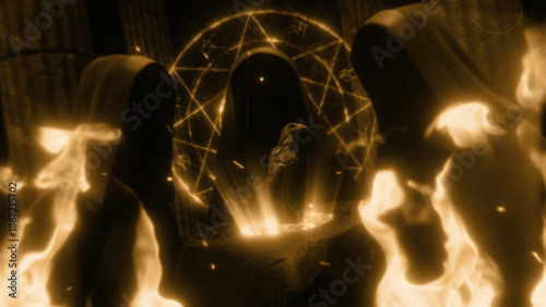 Three Dark Hooded Figures Stood at a Stone Altar