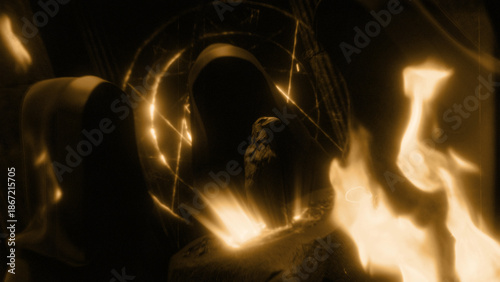 Three Hooded Figures Stood at a Stone Altar
