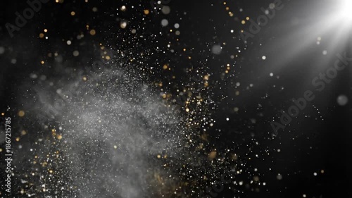 Glittering Dust Particles in Dramatic Motion with Bright White Lighting on Dark Background for Luxury Design
