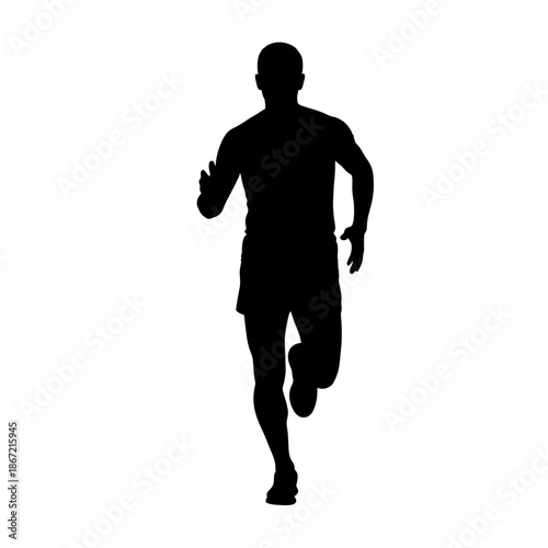 Silhouette of a Man Running, Front View, Isolated on White.