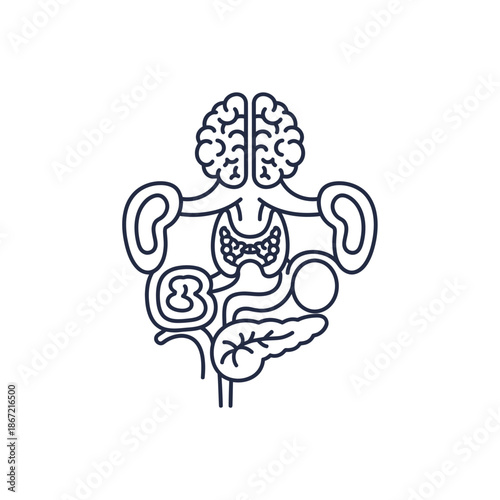 Abstract Line Art Illustration Depicting Human Brain and Internal Organs in