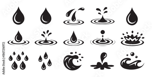 Set of black and white water drop icons and liquid splash illustrations collection