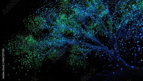 Artistic representation of a tree, formed from luminous green and blue particles against a black background