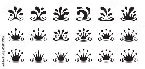 Black water splash crowns and ripple symbols, clean liquid drop and fountain design elements set