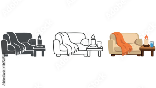 Cozy living room illustrations with sofa and candle