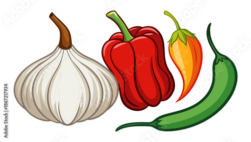 Assorted vegetables including garlic, bell pepper, and chilis Vector