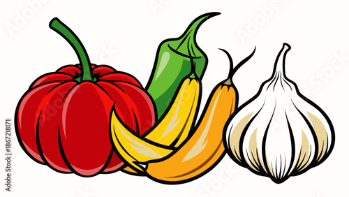 Assorted vegetables including bell pepper, banana pepper, and garlic Vector
