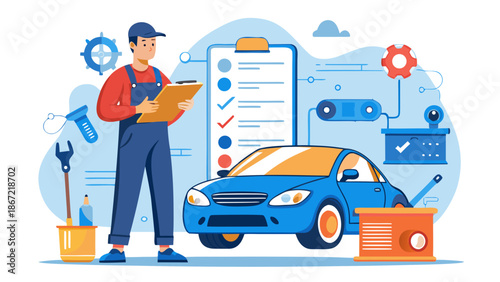 Mechanic inspecting car with checklist Vector
