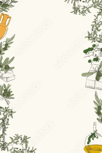 Olive illustration frame with hand drawn branches and Mediterranean food elements