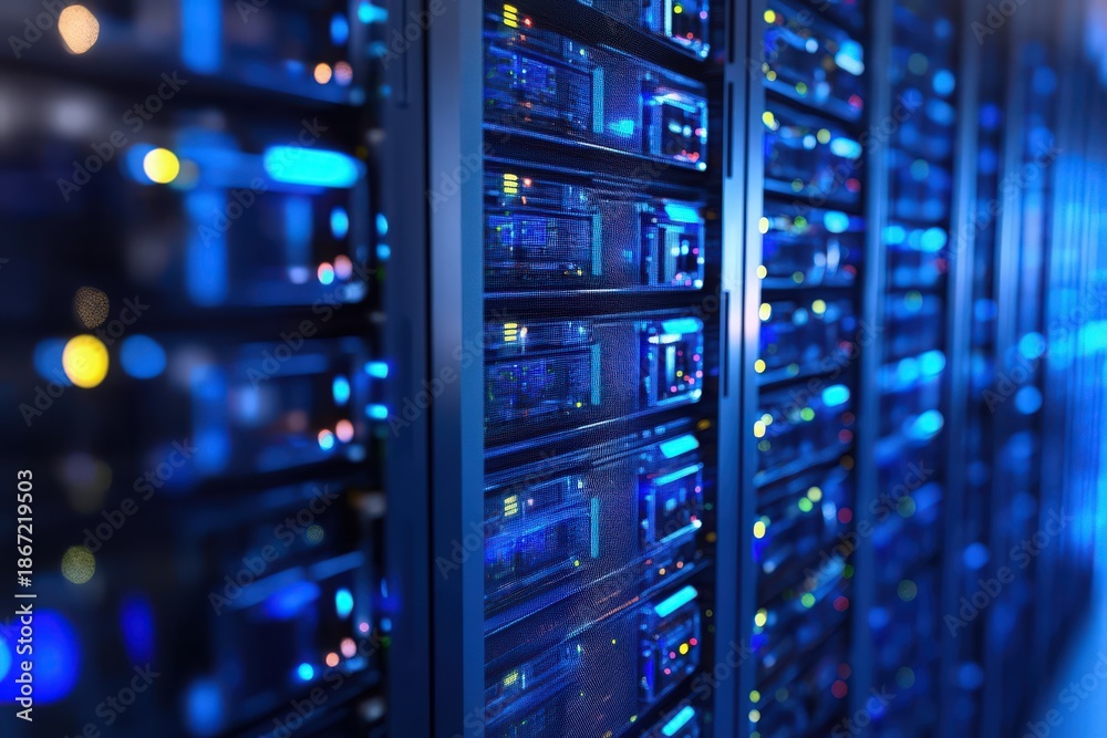 Naklejka premium High-Tech Data Center with Glowing Server Racks and Digital Lights