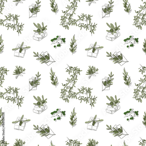 Seamless olive pattern with hand drawn branches oil and rustic Mediterranean elements