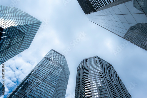 Modern architecture city urban skyscraper office business corporate sky view in Frankfurt defining a vertical contemporary skyline