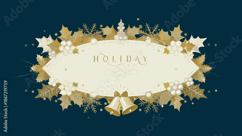 Holiday themed frame with golden leaves, white berries, and bells on a dark blue background design
