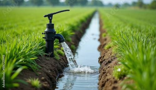 Black water pump shoots a powerful stream of water into a narrow irrigation canal in the middle of a lush green agricultural field.