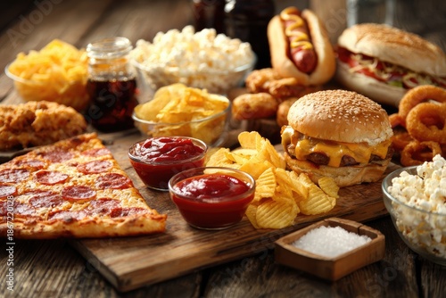 Assortment of various tempting fast foods like pizza, burgers, fries, and snacks on wood