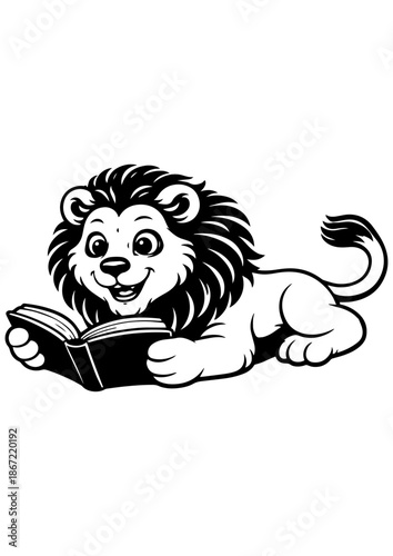 Cute lion reading a book vector line art, black and white illustration for engrave, laser engrave, kids decor and creative projects