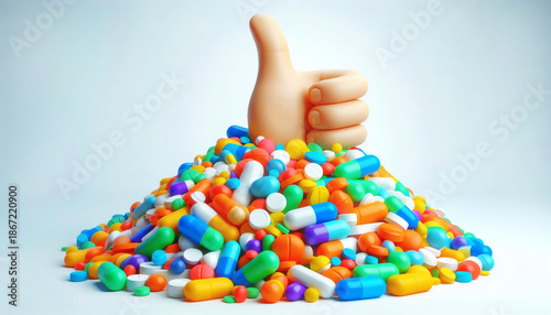 3D Cartoon Hand Reaching Out From a Large Pile of Colorful Pills and Tablets