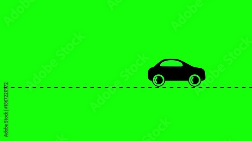 Black car icon on a bright green background with a dashed black line representing a road vehicle transportation